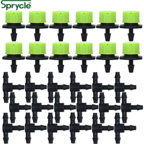SPRYCLE 50PCS 4/7MM Barbed Tee Connector & Adjustable Dripper Micro Drip Irrigation Emitter for 1/4'' Hose Garden Greenhouse