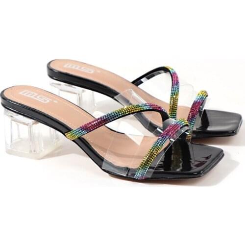 Womens shoes 2020 summer Crystal thick heel women slippers, high heel square toe womens shoes with rhinestones and sandals