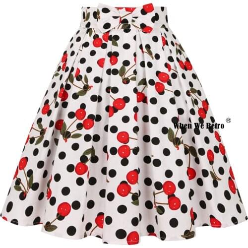 Vintage Style Polka Dots Cherry Printed Retro Skirt SS0012 Plus Size Y2K With Pockets Cotton Women Pleated Midi Summer Skirt