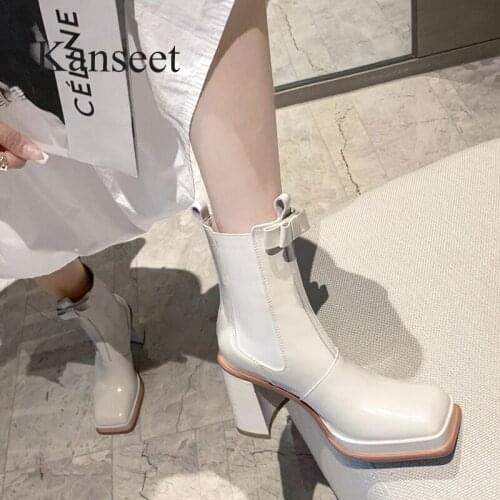 Kanseet New Square Toe Women Ankle Boots 2021 Winter Butterfly-Knot Cow Patent Leather Handmade High Heels Slip-On Short Boots