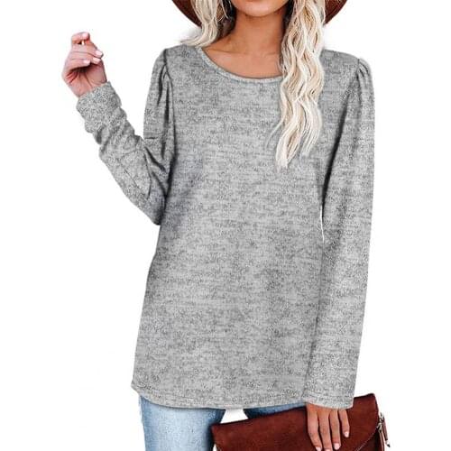Long Sleeve Solid Color Women Top Autumn Winter O-Neck Pleated Shoulder Tunic Blouse Pullover Women Top Blouse Long Sleeve Top
