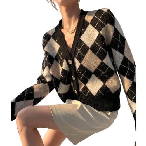 2021 New Women Knitted Cardigan Black Rhomboid Pattern Long Sleeve Buttons Open Front Coat S/ M/ L