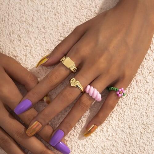 Flower Bead Heart Love Pink Croissant Rings for Women Braided Twisted Signet Chunky Dome Stacking Band Jewelry Statement Ring