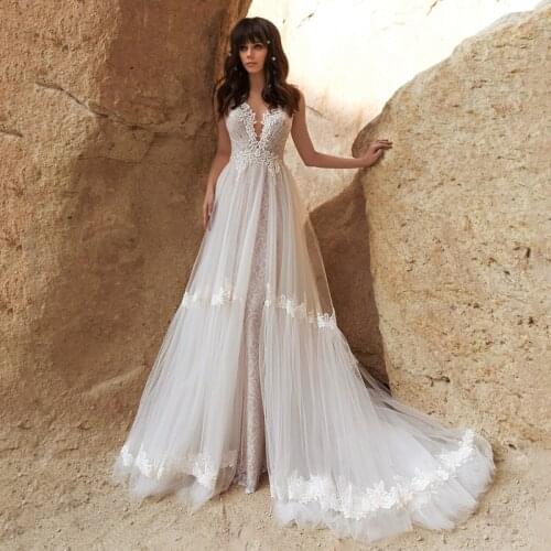 Eightree Lace Wedding Dresses Summer Beach Wedding Gown 2021 Sleeveless A-Line Applique Tulle Backless Bridal Gowns Custom Made