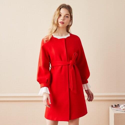 2021 Winter Fall Womens High Waisted Sash Red Lantern Sleeve Woolen Coat , Woman Clothes Slim Wool Coats