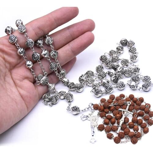 New 2 Styles 8 MM Vintage Rose Rosary Necklace Cross Prayer Church Religious Jewelry Fine Gift For Both Men and Women