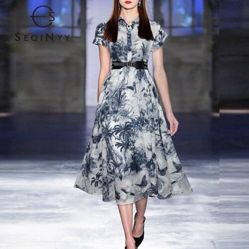 SEQINYY Vintage Shirt Dress Blue Flower Print Fashion Design Runway New Womens High Quality Belt A-Line Midi