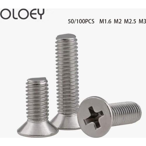 100/50pcs Phillips Flat Countersunk Head Screw Bolt M1.6 M2 M2.5 M3 A2-70 304 Stainless Steel Length 3-50mm GB819 Cross