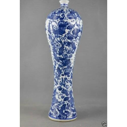 12.75 Inch / Exquisite Chinese Classical Blue and White Porcelain Painting Fish Lotus Delicate High Vase
