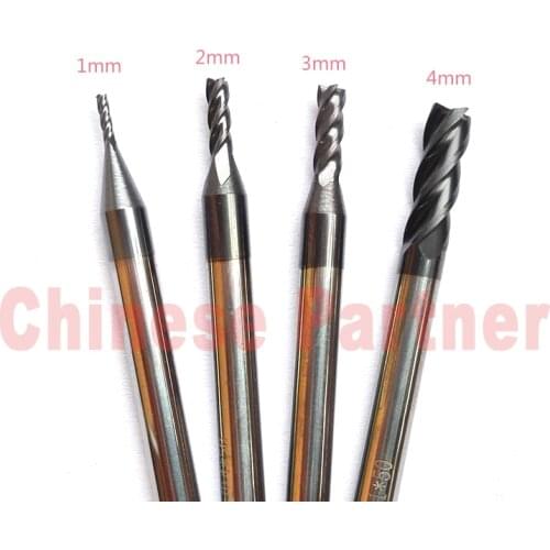 4pcs 1mm,2mm,3mm,4mm hrc45 4Flutes Spiral Bit Milling Cutter Tools Carbide CNC Endmill Router bits