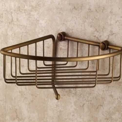 Antique brass Wall Mounted Bathroom Single Tier Corner Shower Shelf Storage Basket With Hook Bathroom Accessory mba078
