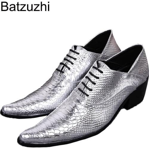 Batzuzhi Luxury Handmade Formal Dress Shoes Man Shiny Pointed Toe Oxford Shoes Silver Leather Business Man Shoes Wedding, US6-12