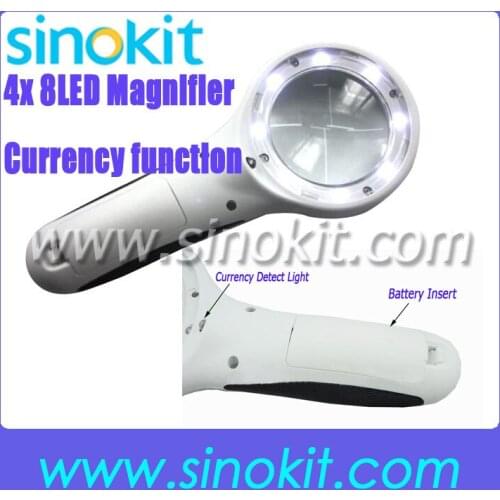 Free Shipping 4X 8LED Hand-held Magnifier Glass with Currency Detecting Function 9586