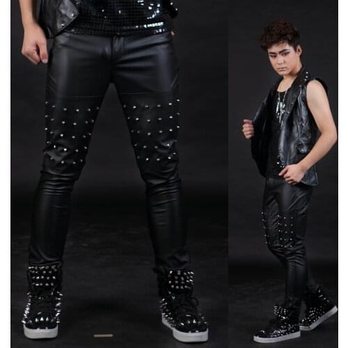 Free Shipping Mens Brand New Fashion Dj Style Ds Costume Rivet Leather Pants Trousers / 27- 40