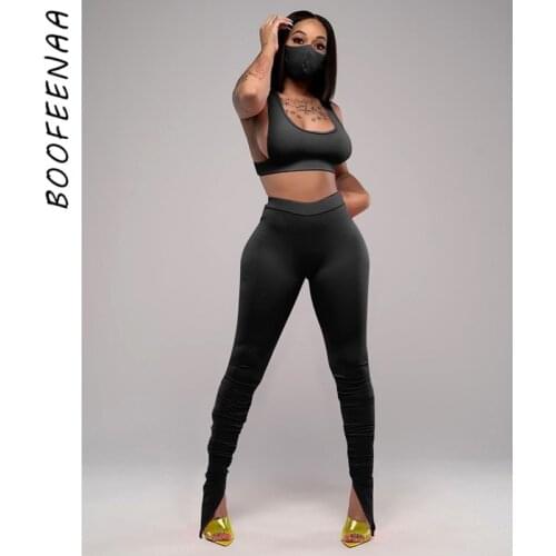 BOOFEENAA Sexy Two Piece Outfits for Women Solid Ribbed Knitted Sports Bra and Split Stacked Leggings Matching Sets C70-CE35