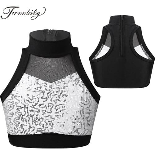 Kids Girls Shiny Sequins Sleeveless Mesh Splice Tanks Tops Workout Gymnastics Ballet Crop Top Stage Performance Dance Costume