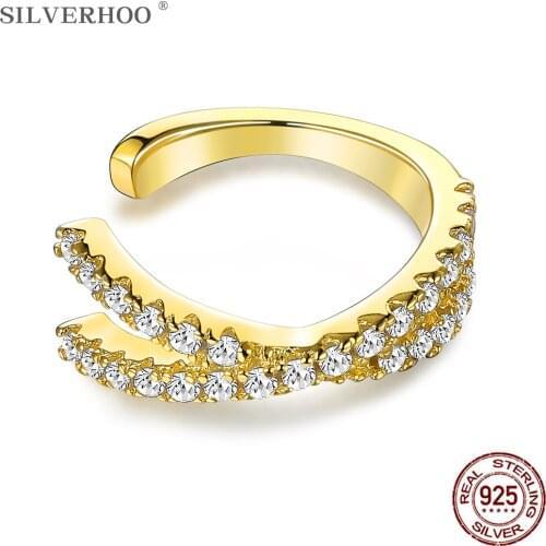 SILVERHOO Ear Cuff 925 Sterling Silver Gold Color Cross Full 5A Cubic Zirconia Clip Earrings For Women Luxury Wedding Jewelry