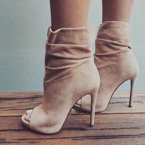 Hottest Beige Suede Pleated Ankle Boots Peep Toe High Heel Women Dress Shoes Plus Size 10 Fashion Short Lady Boots Customzied