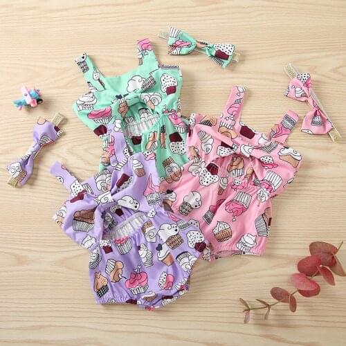 2PCS Baby Girls Cute Rompers Headband Ice Cream Printed Sleeveless Bowknot Jumpsuits Summer Outfits