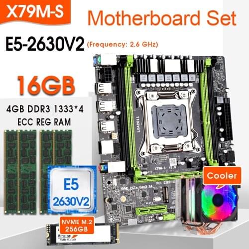 JINGSHA X79 motherboard LGA2011 E5 2630v2 CPU 4pcs x 4GB = 16GB DDR3 1333Mhz ECC REG Memory Set combos 256GB M.2 SSD with Cooler