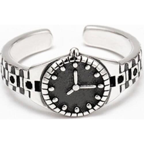 Sole Memory Mini Cute Watch Shape Retro Thai Silver 925 Sterling Silver Female Resizable Opening Rings SRI660