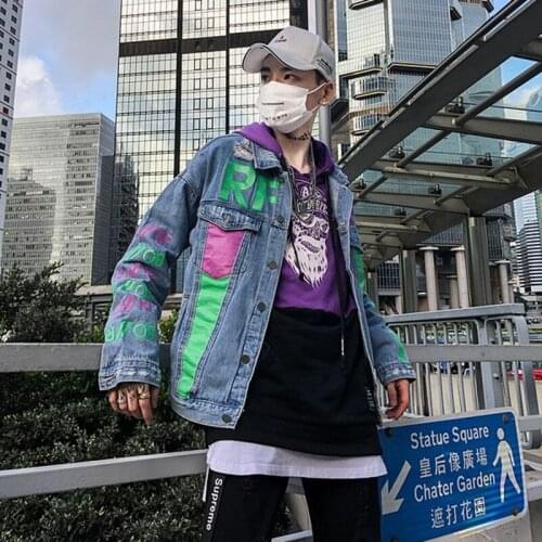 Autumn New Long Sleeve Harajuku Printed Mens Jacket Denim Hole Rippted Loose Fit Bomber Jacket Jean Coat Casual Hip Hop Outwear