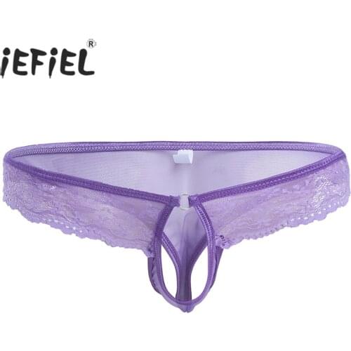 IEFiEL Sexy Gay Men Lingerie Lace Mesh Panties Open Crotchles Briefs Bikini Wetlook Underwear Underpants with Penis Hole Pants