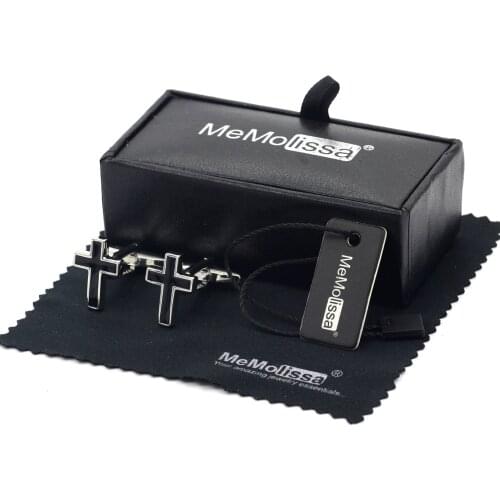 MeMolissa Display Box Religion Iron Cross Cufflinks Mens Button with Black Enamel Plated Jewelry Free Tag & Wipe Cloth