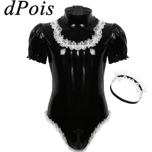 Mens Adults Sissy Maid Cosplay Costume Sexy Hommes High Neck Short Puff Sleeve Gay Male Wet Look Patent Leather Lace Bodysuit