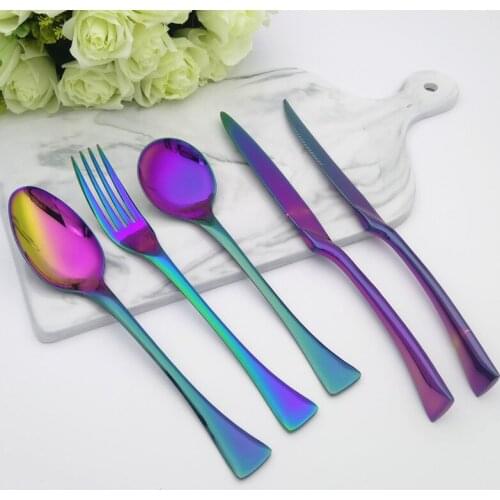 Stainless Steel Western Cutlery Set Curved Handle Colorful Steak Knife Dinner Fork Tableware Set Soup Dessert Scoop 5pcs/set