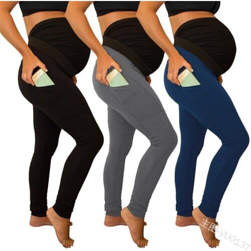 2019 Spring and summer new style Maternity pants Side pocket High waist Long section splice Solid color Pregnant pants
