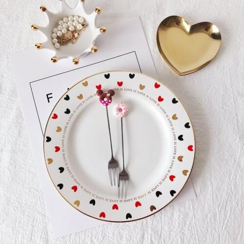 8 Inches Cute Heart Pattern Dinner Plate Under Glazed Ceramic Dinner Dishes Dessert Tray Flower Kitten Dinnerware Microwave Safe