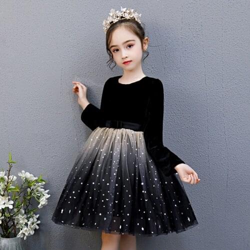 Autumn/winter 2019 girl princess dress mesh long sleeve round collar knee length floral dress for children