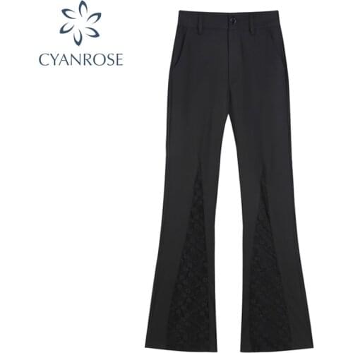 Autumn Thin Black Sexy High Waist Women Casual Long Pants Y2K Lace Splicing Gothic 2021 Fashion Streetwear Wide Leg Pants Female