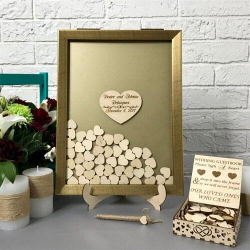 Personalize names gold frame wooden wedding engraved guestbooks Alternative wishes Drop box signature guest books decorations