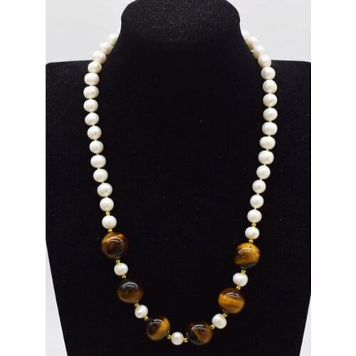 Freshwater pearl white/black near round tigereye 16mm necklace wholesale 19inch FPPJ nature beads gift