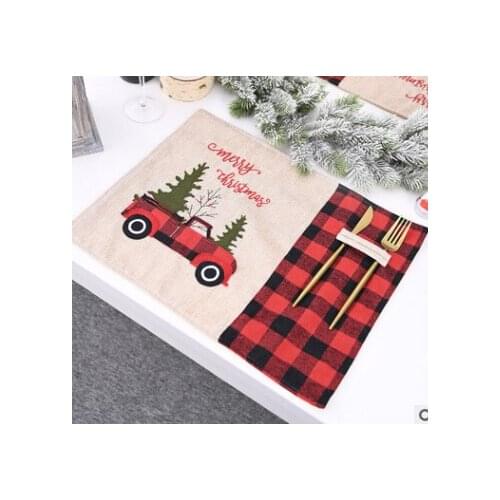 Xmas Table Mat, Christmas Cartoon Car Pattern Rectangle Placemat for Dining Room, Restaurant, Linen Christmas Decoration