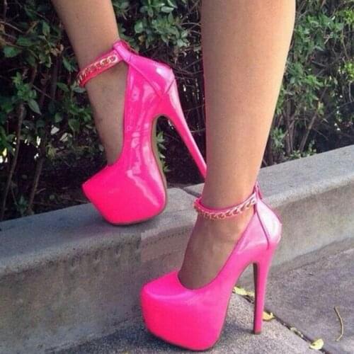 Chain Pink Stilettos Ankle Strap Platform Pumps Woman Pointy Toe High Thin Heels Zipper Large Size 33 35 Ladies Dance Shoes 2019