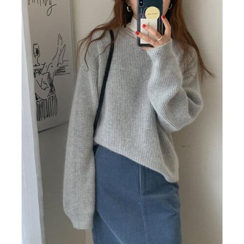 Grey round neck pullover bottoming sweater women 2020 autumn and winter loose soft waxy cashmere long-sleeved sweater women