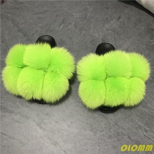 Summer Fluffy Fur Slippers Women Shoes Raccoon Fur Slides Real Fox Fur Flip Flop Flat Outdoor Slippers Casual Female Plush Shoes