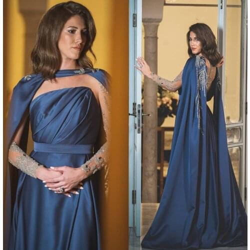 Serene Hill Blue Long Sleeves With Cape Evening Dress 2021 Beaded Satin Sexy A-Line For Woman Party Gown CLA71215