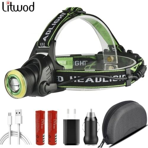 XM-L T6 & COB LED Headlight Zoom Headlight 18650 Battery USB Rechargeable Fish Head Flashlight Light Flashlight Waterproof Light