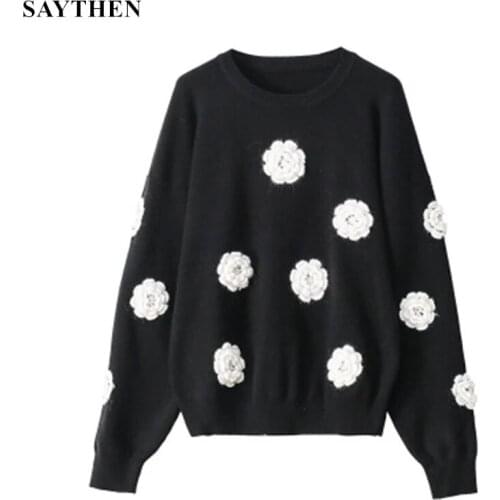 SAYTHEN Autumn And Winter Three-Dimensional Hand Hook Flower Sweater 2021 Long-Sleeved Wild Round Neck Pullover Blouse Women