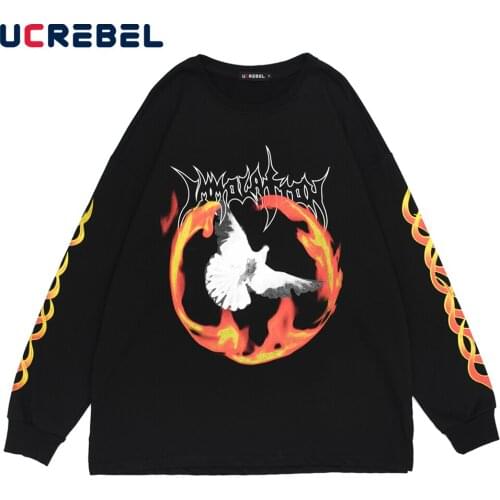 Flame Print Sweatshirts Mens Autumn Streetwear Pigeons Print Casual Loose Simple Crew Neck Long Sleeved Pullover Men