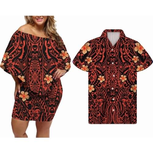 Hycool Custom Samoan Polynesian Tribal Women/Men Clothing Chiffon Off Shoulder Bodycon Mini Skirt Plus Size Ruffle Couple Outfit