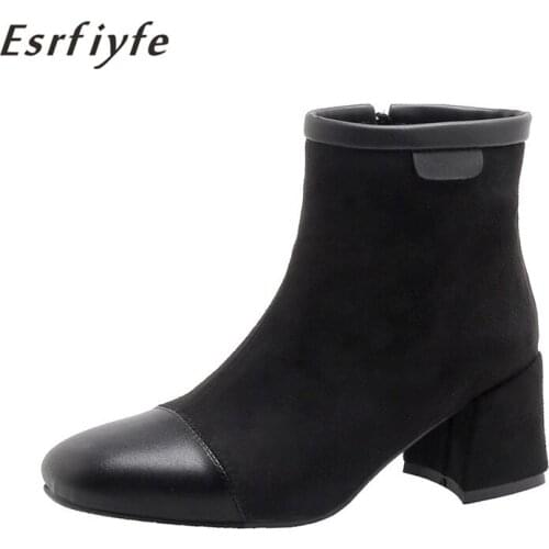 ESRFIYFE Female 2020 New Autumn Winter Women Boots Lace Up Black Women Shoes Thick High Heel Roud Toe Ankle Boots Large Size 15