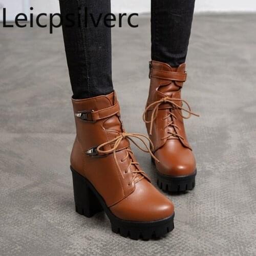 Womens Boots The New Autumn And Winter Round head fashion zipper Lace-up High heel Short tube Womens shoes plus size 32-43
