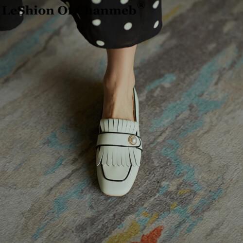 Big Plus Size 43 Women Natural Genuine Leather Loafers Woman Retro Tassel Pearl Square Toe Flat Casual Shoes Ladies Slipon Flats