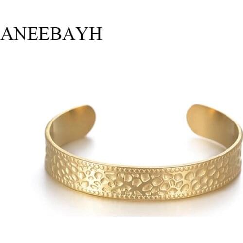 Vintage Gold Color Wide Open Bangles For Women Statement Stainless Steel Textured Bangle Bracelets Bohemian Jewelry Party Gift