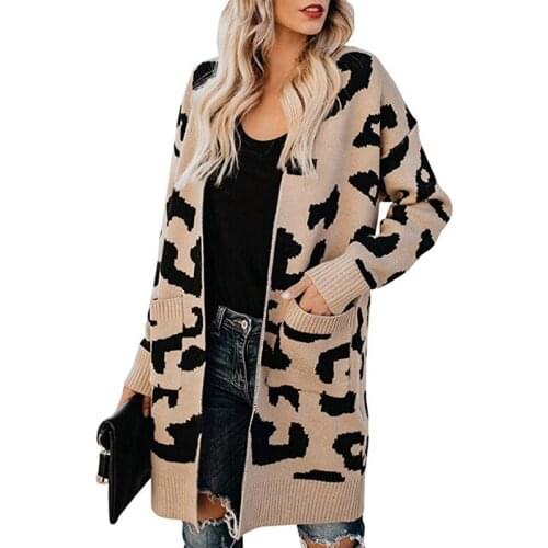 Leopard Knitted Long Cardigan Women Fashion Long Sleeve Sweater Thick Overcoat For Female 2019 Autumn Winter Outwear Pull Femme